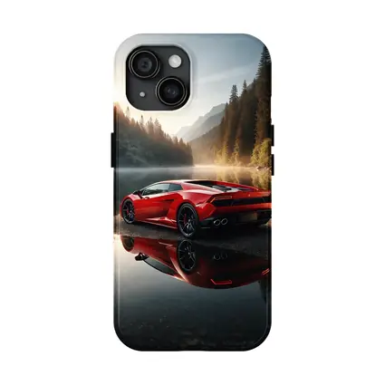 Red Lamborghini Huracan Forest Lake Reflection