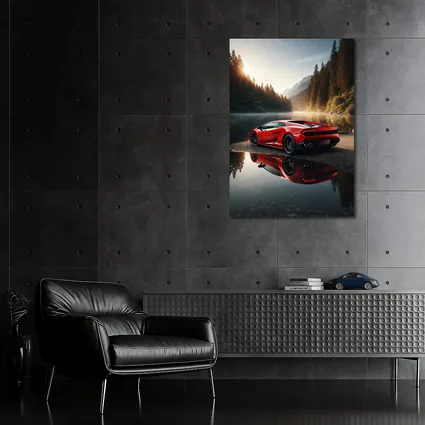 Red Lamborghini Huracan Forest Lake Reflection