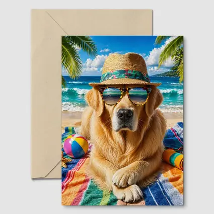 Golden Retriever Wearing Sunglasses on Beach