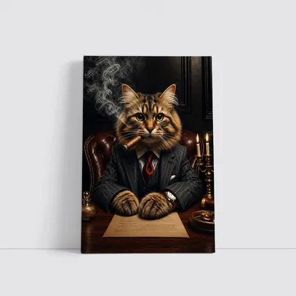 Boss Cat Smoking Cigar Dark Office