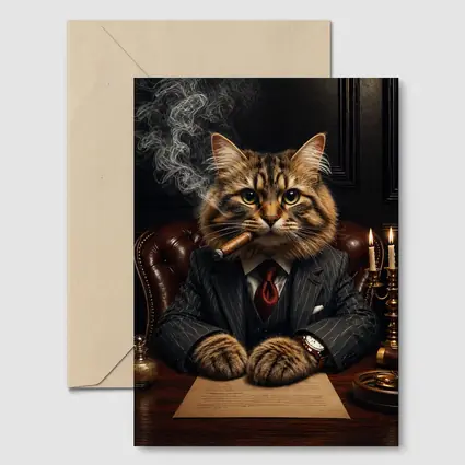 Boss Cat Smoking Cigar Dark Office