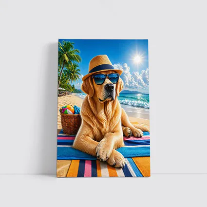 Golden Retriever With Sunglasses On Summer Beach