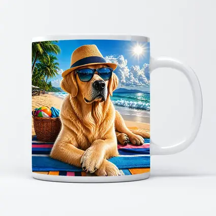 Golden Retriever With Sunglasses On Summer Beach