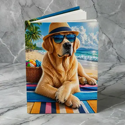 Golden Retriever With Sunglasses On Summer Beach