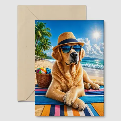 Golden Retriever With Sunglasses On Summer Beach