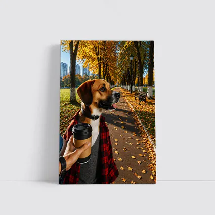 Dog in Autumn Park With Coffee