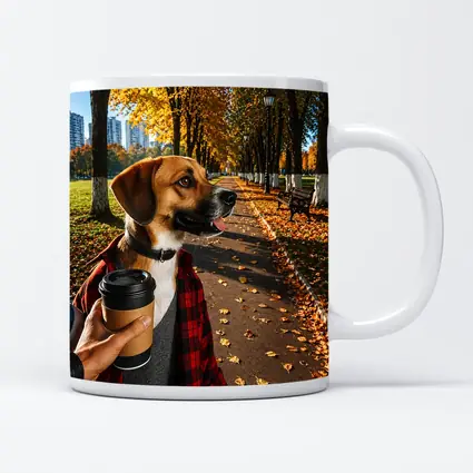 Dog in Autumn Park With Coffee