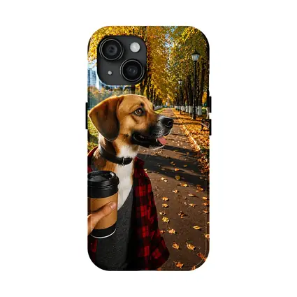 Dog in Autumn Park With Coffee