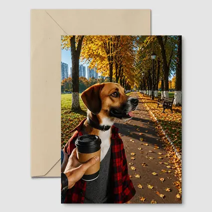Dog in Autumn Park With Coffee