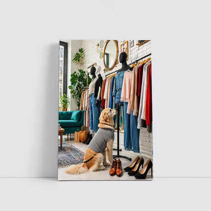 Golden Retriever Dog in Fashion Boutique
