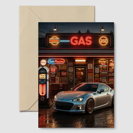 Subaru BRZ Retro Neon Gas Station Night