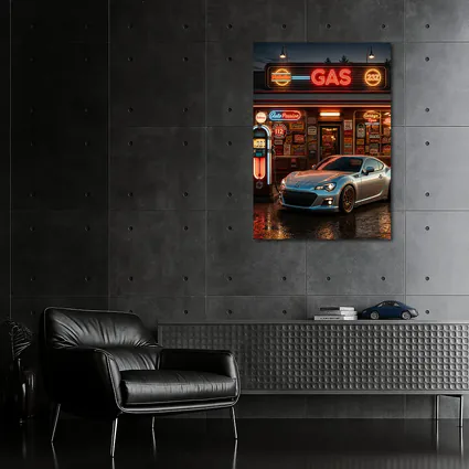 Subaru BRZ Retro Neon Gas Station Night