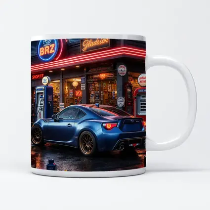 Subaru BRZ Blue Coupe Neon Gas Station