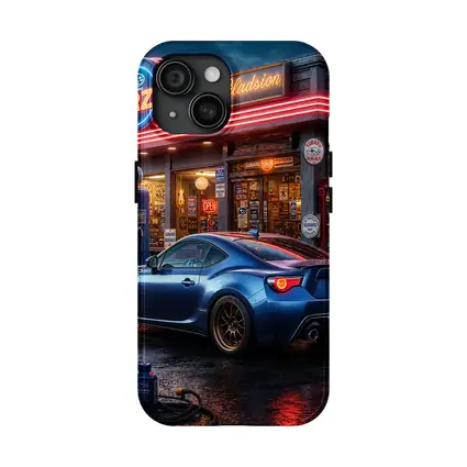 Subaru BRZ Blue Coupe Neon Gas Station