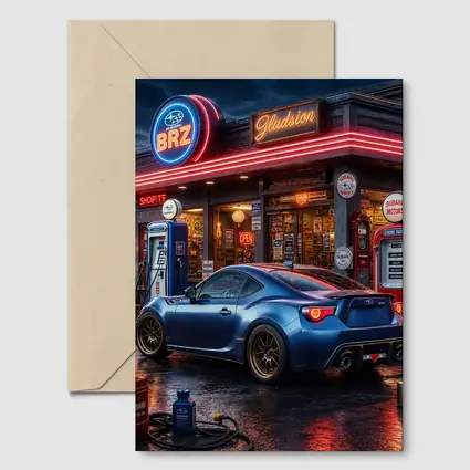 Subaru BRZ Blue Coupe Neon Gas Station