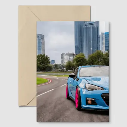 Subaru BRZ Blue Pink Wheels City Street