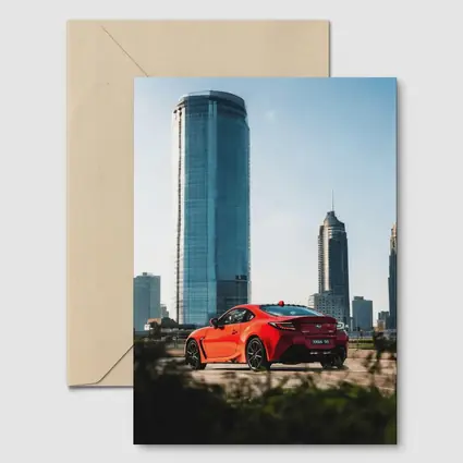 Subaru BRZ Red Sports Car City Skyline