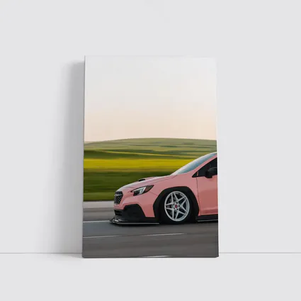 Pink Subaru WRX Speeding Through Green Fields