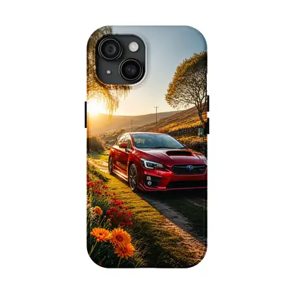 Subaru WRX Red Sedan Rural Sunset Setting