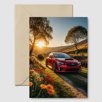 Subaru WRX Red Sedan Rural Sunset Setting