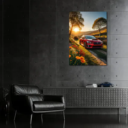 Subaru WRX Red Sedan Rural Sunset Setting