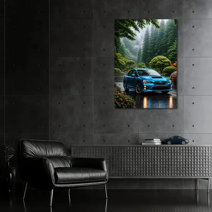 Subaru Impreza WRX Blue Rainy Forest Road