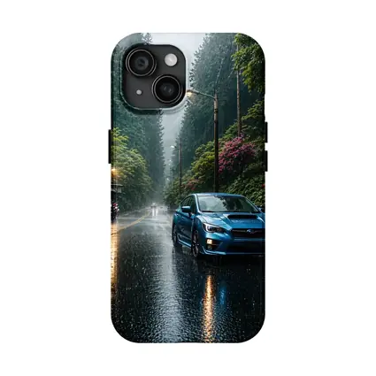 Subaru Impreza WRX Blue Rainy Forest Road