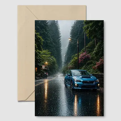 Subaru Impreza WRX Blue Rainy Forest Road