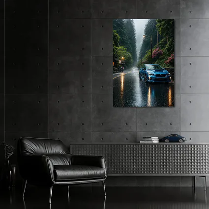 Subaru Impreza WRX Blue Rainy Forest Road