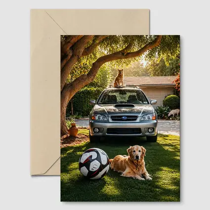 Subaru Legacy Golden Retriever Sunny Driveway