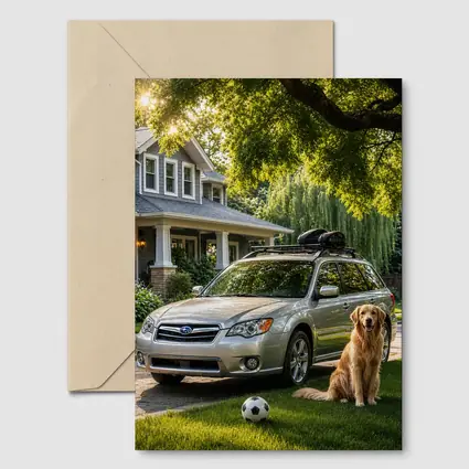Subaru Outback Golden Retriever Suburban Driveway