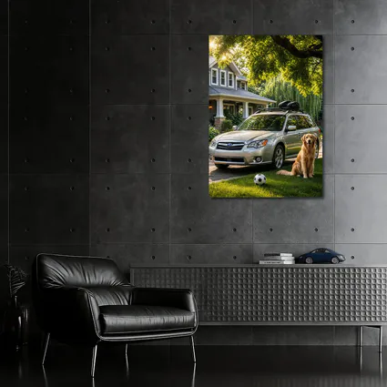 Subaru Outback Golden Retriever Suburban Driveway