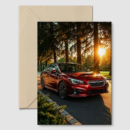 Subaru Legacy Red Sedan Sunset Forest