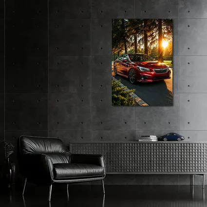 Subaru Legacy Red Sedan Sunset Forest