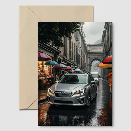 Subaru Legacy Silver Rainy City Street