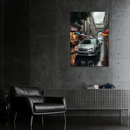 Subaru Legacy Silver Rainy City Street