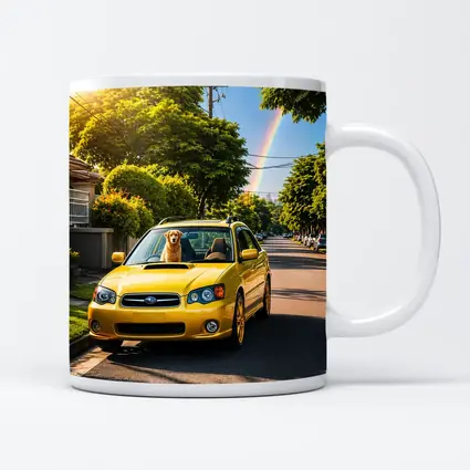Yellow Subaru Legacy Golden Retriever Suburban Street