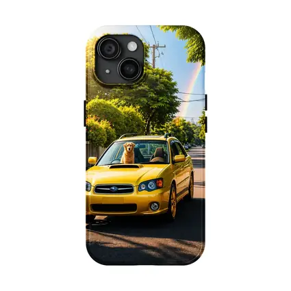 Yellow Subaru Legacy Golden Retriever Suburban Street