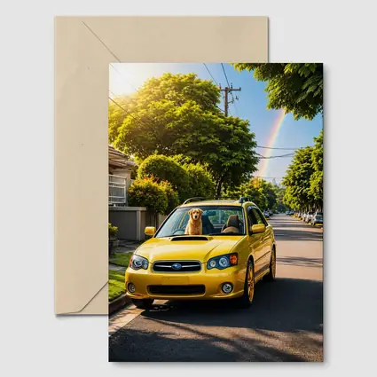 Yellow Subaru Legacy Golden Retriever Suburban Street