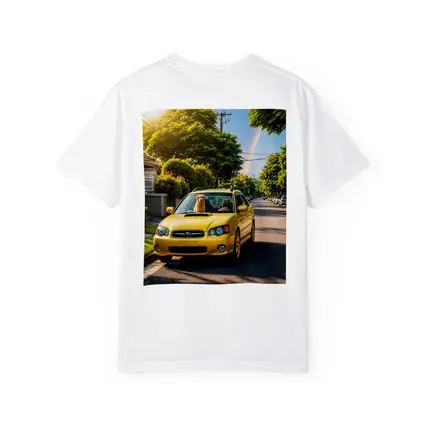 Yellow Subaru Legacy Golden Retriever Suburban Street