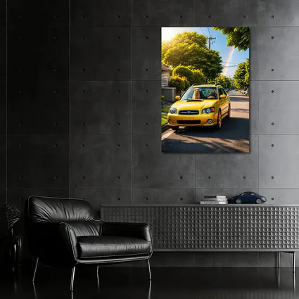 Yellow Subaru Legacy Golden Retriever Suburban Street