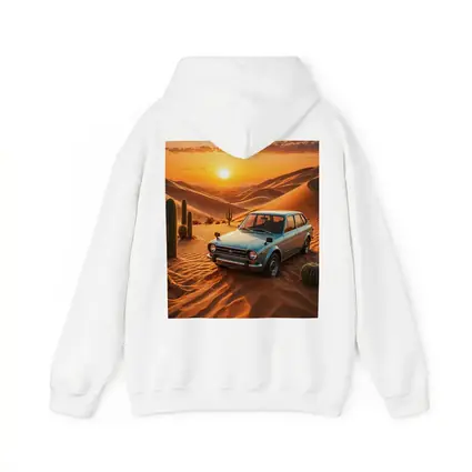 Vintage Subaru Hatchback Desert Sunset Scene
