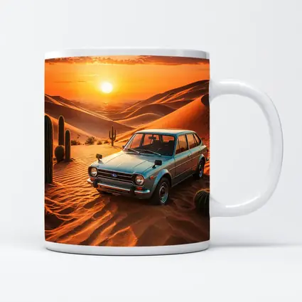 Vintage Subaru Hatchback Desert Sunset Scene