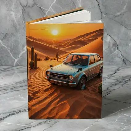 Vintage Subaru Hatchback Desert Sunset Scene