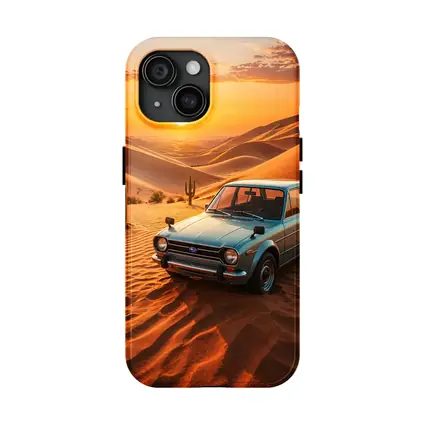 Vintage Subaru Hatchback Desert Sunset Scene