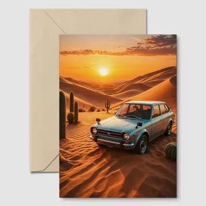 Vintage Subaru Hatchback Desert Sunset Scene