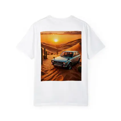 Vintage Subaru Hatchback Desert Sunset Scene