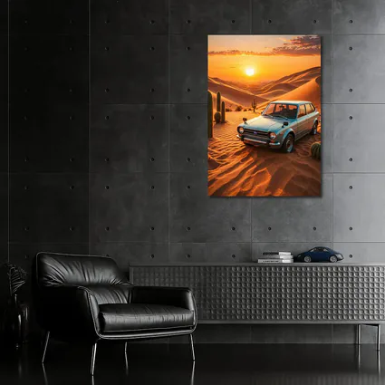 Vintage Subaru Hatchback Desert Sunset Scene