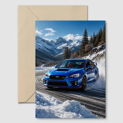 Subaru WRX STI Blue Drifting Snow Mountains