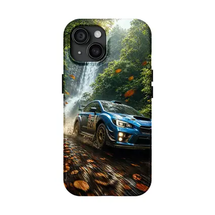 Subaru WRX Rally Racing Through Forest Waterfall